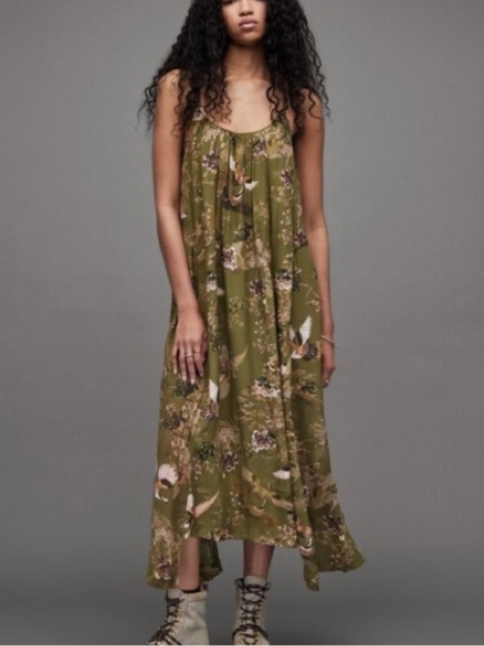 AllSaints Olive Green Floral Maxi Slip Dress